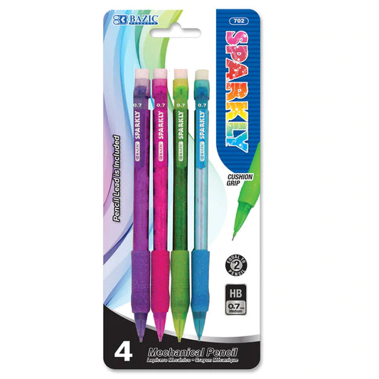 BAZIC Sparkly 0.7mm Mechanical Pencil w/ Glitter Grip (4/Pack) Sold in 24 Units