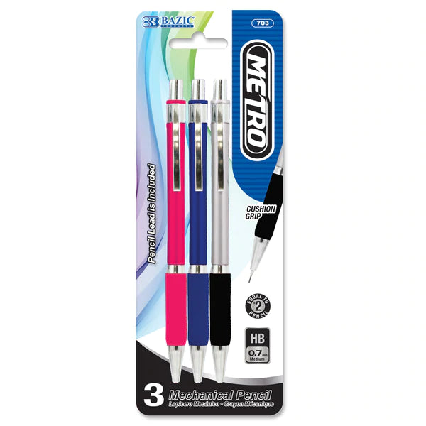 BAZIC Metro 0.7mm Mechanical Pencil (3/Pack) Sold in 24 Units