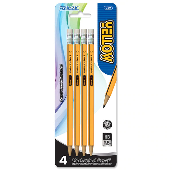 BAZIC Yellow 0.9mm Mechanical Pencil (4/Pack) Sold in 24 Units