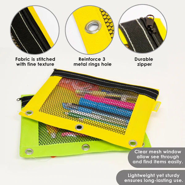 BAZIC Bright Color 3-Ring Pencil Pouch w/ Mesh Window Sold in 24 Units