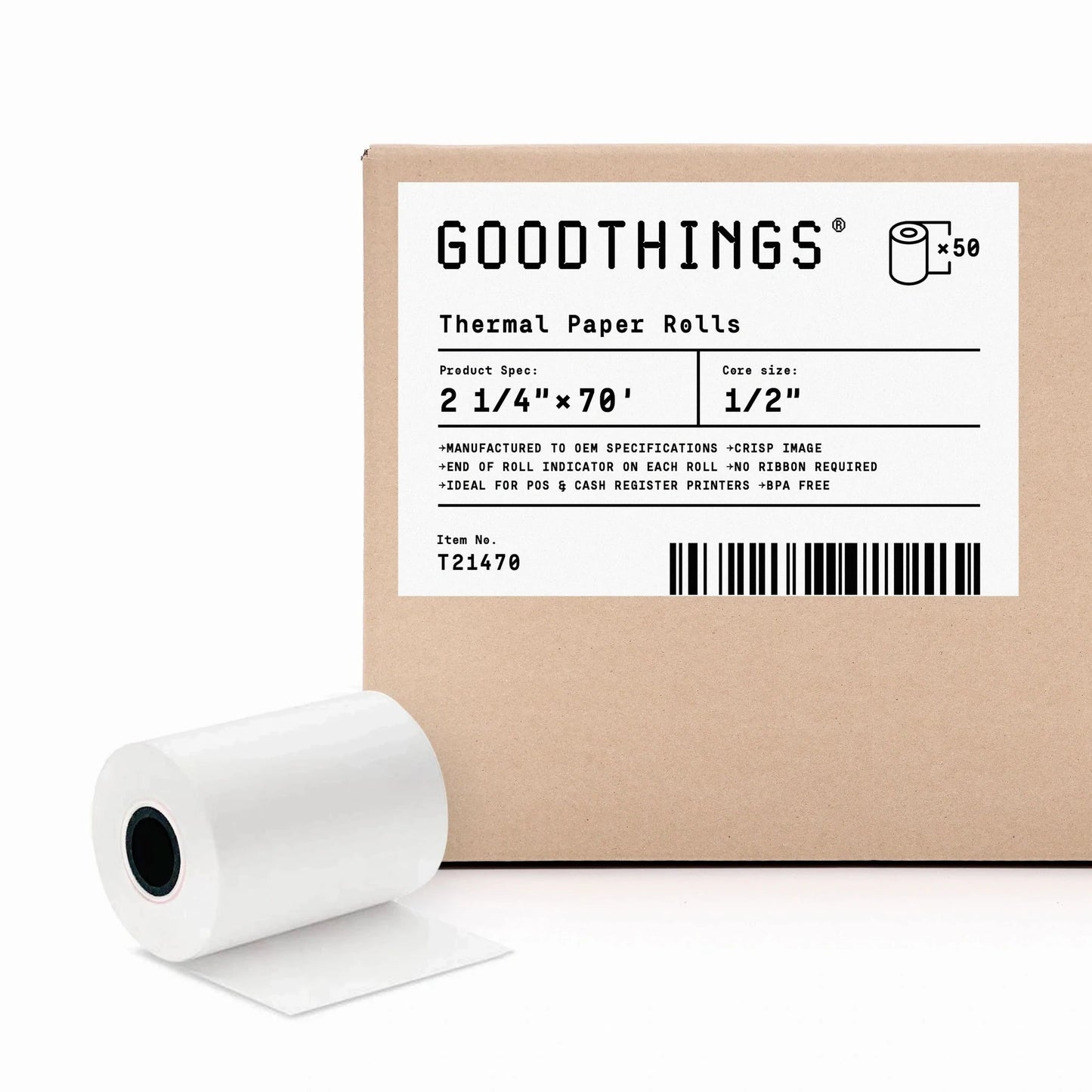 2 1/4" x 70' (50 Rolls) Thermal Paper Roll
