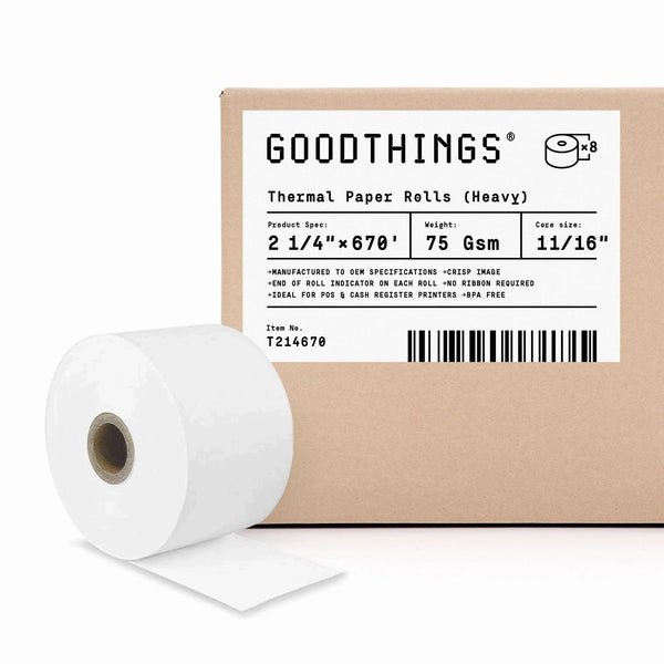 2 1/4" x 670' (8 Rolls) Thermal Paper Roll, 75 GSM Heavyweight Paper