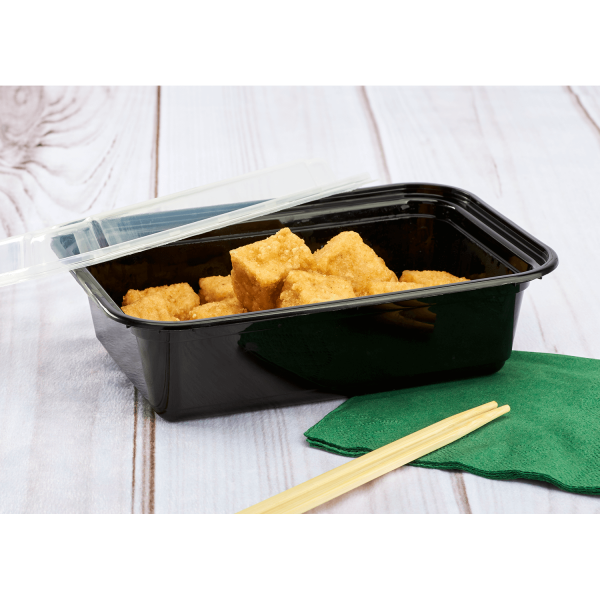 Karat 24oz PP Microwavable Rectangular Food Containers & Lids - Black - 150 ct