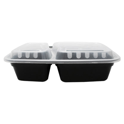 Karat 30oz PP Plastic Microwavable Rectangular Food Containers & Lids - Black - 2 Compartments - 150 ct