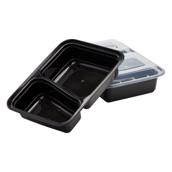 Karat 30oz PP Plastic Microwavable Rectangular Food Containers & Lids - Black - 2 Compartments - 150 ct