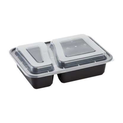 Karat 30oz PP Plastic Microwavable Rectangular Food Containers & Lids - Black - 2 Compartments - 150 ct