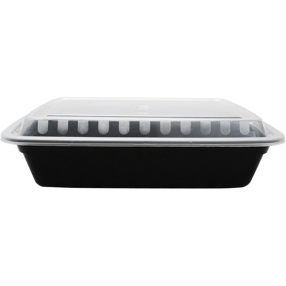 Karat 38oz PP Plastic Microwavable Rectangular Food Containers & Lids - Black - 150 ct