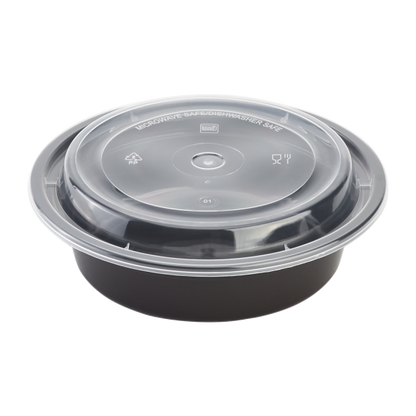 Karat 16oz PP Plastic Microwavable Round Food Containers & Lids - Black - 150 ct