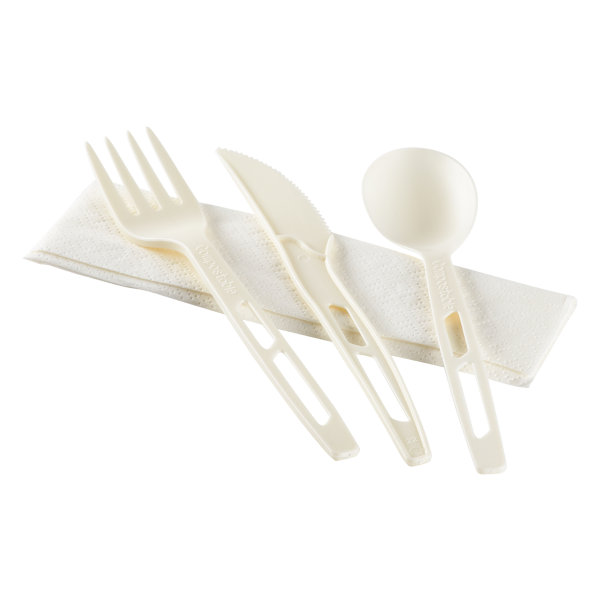 Karat Earth CPLA Compostable Cutlery Kits (Knife, Fork, Tea Spoon, 2-ply Napkin), Heavy-Weight, White - 250 sets