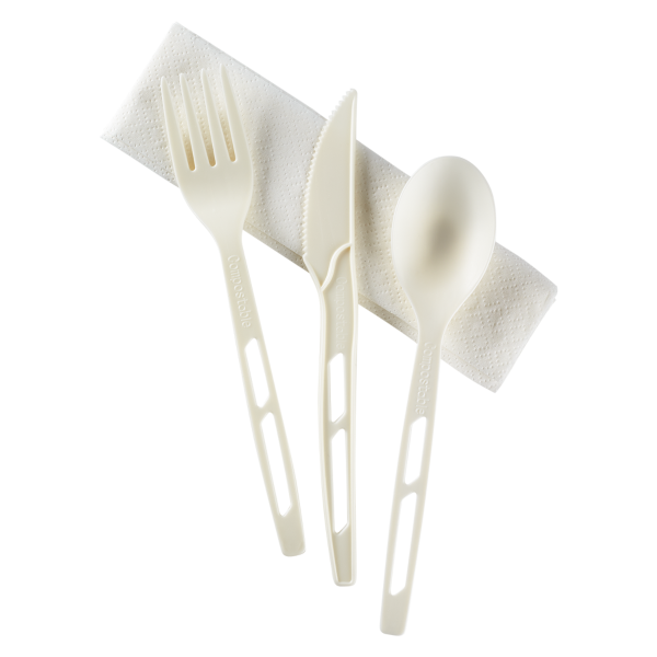 Karat Earth CPLA Compostable Cutlery Kits (Knife, Fork, Tea Spoon, 2-ply Napkin), Heavy-Weight, White - 250 sets