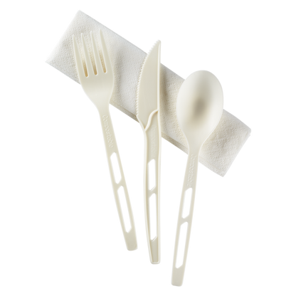 Karat Earth CPLA Compostable Cutlery Kits (Knife, Fork, Tea Spoon, 2-ply Napkin), Heavy-Weight, White - 250 sets
