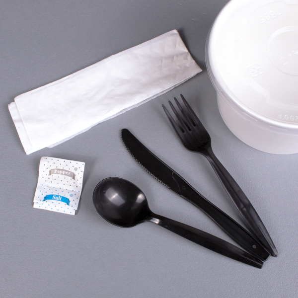 Karat PP Plastic Medium-Heavy Weight Cutlery Kits with Salt and Pepper - Black - 250 ct