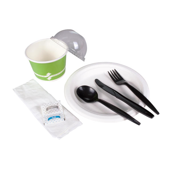 Karat PP Plastic Medium-Heavy Weight Cutlery Kits with Salt and Pepper - Black - 250 ct