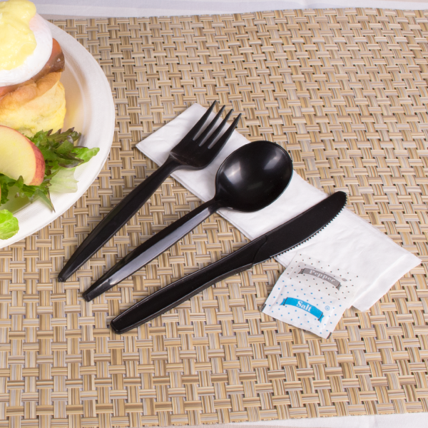 Karat PP Plastic Medium-Heavy Weight Cutlery Kits with Salt and Pepper - Black - 250 ct