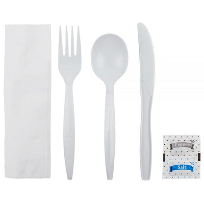Karat PP Plastic Medium-Heavy Weight Cutlery Kits with Salt and Pepper - White - 250 ct