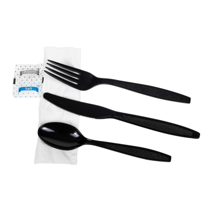 Karat PS Plastic Heavy Weight Cutlery Kits with Salt and Pepper - Black - 250 ct