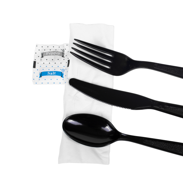 Karat PS Plastic Heavy Weight Cutlery Kits with Salt and Pepper - Black - 250 ct