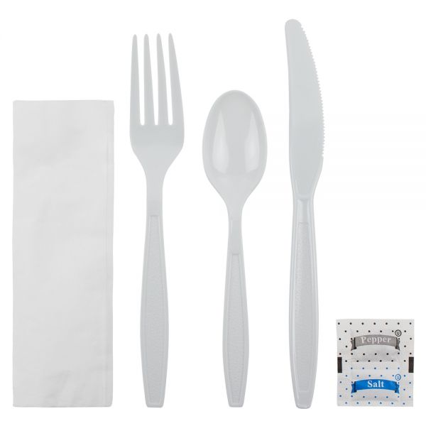 Karat PS Plastic Heavy Weight Cutlery Kits with Salt and Pepper - White - 250 ct