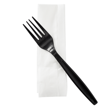 Karat PP Plastic Heavy Weight Cutlery Kits (Fork, 1-ply Napkin) - Black - 500 ct