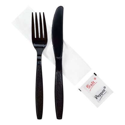 Karat PS Heavy-Weight Cutlery Kits (Knife, Fork, 1-ply Napkin, Salt, Pepper) - 250 ct