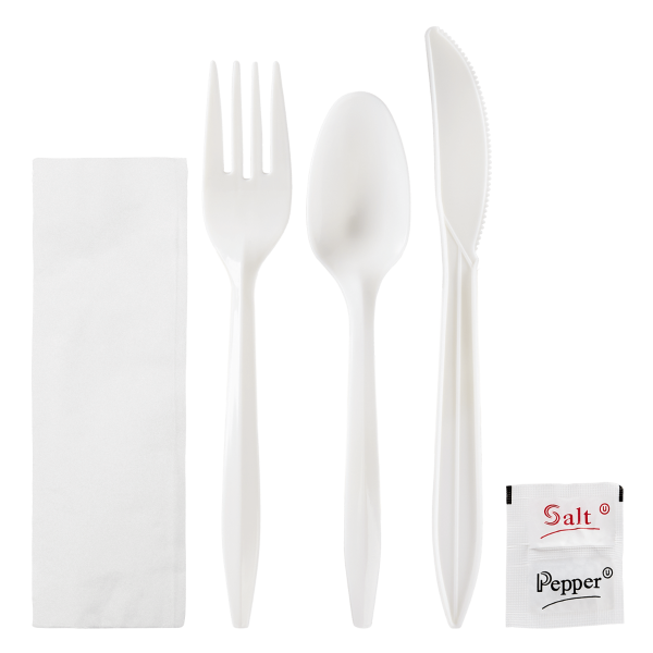 Karat PP Plastic Medium Weight Cutlery Kits with Salt and Pepper - White - 250 ct