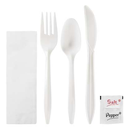 Karat PP Plastic Medium Weight Cutlery Kits with Salt and Pepper - White - 250 ct